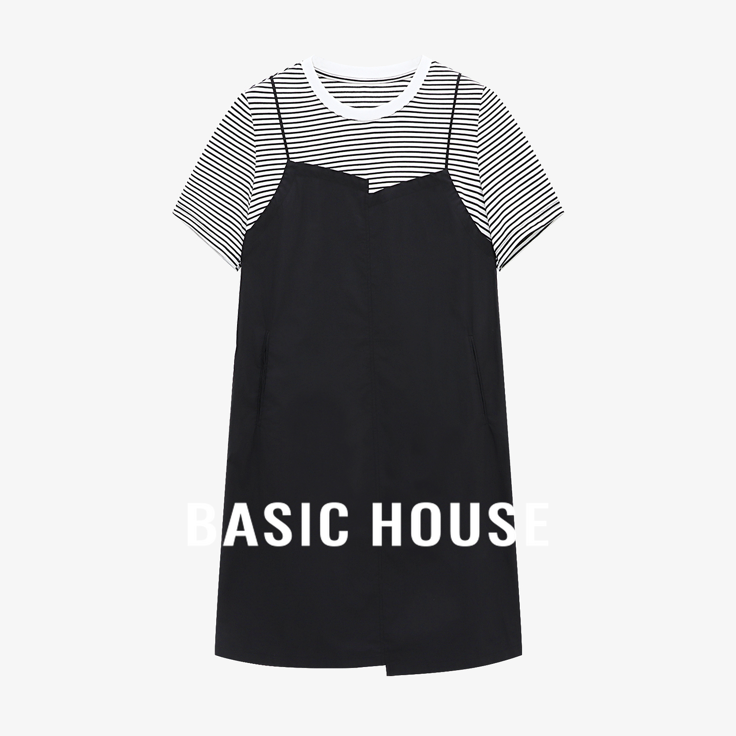 Basic House/百家好松弛柔软舒适撞色条纹拼接圆领宽松H型连衣裙