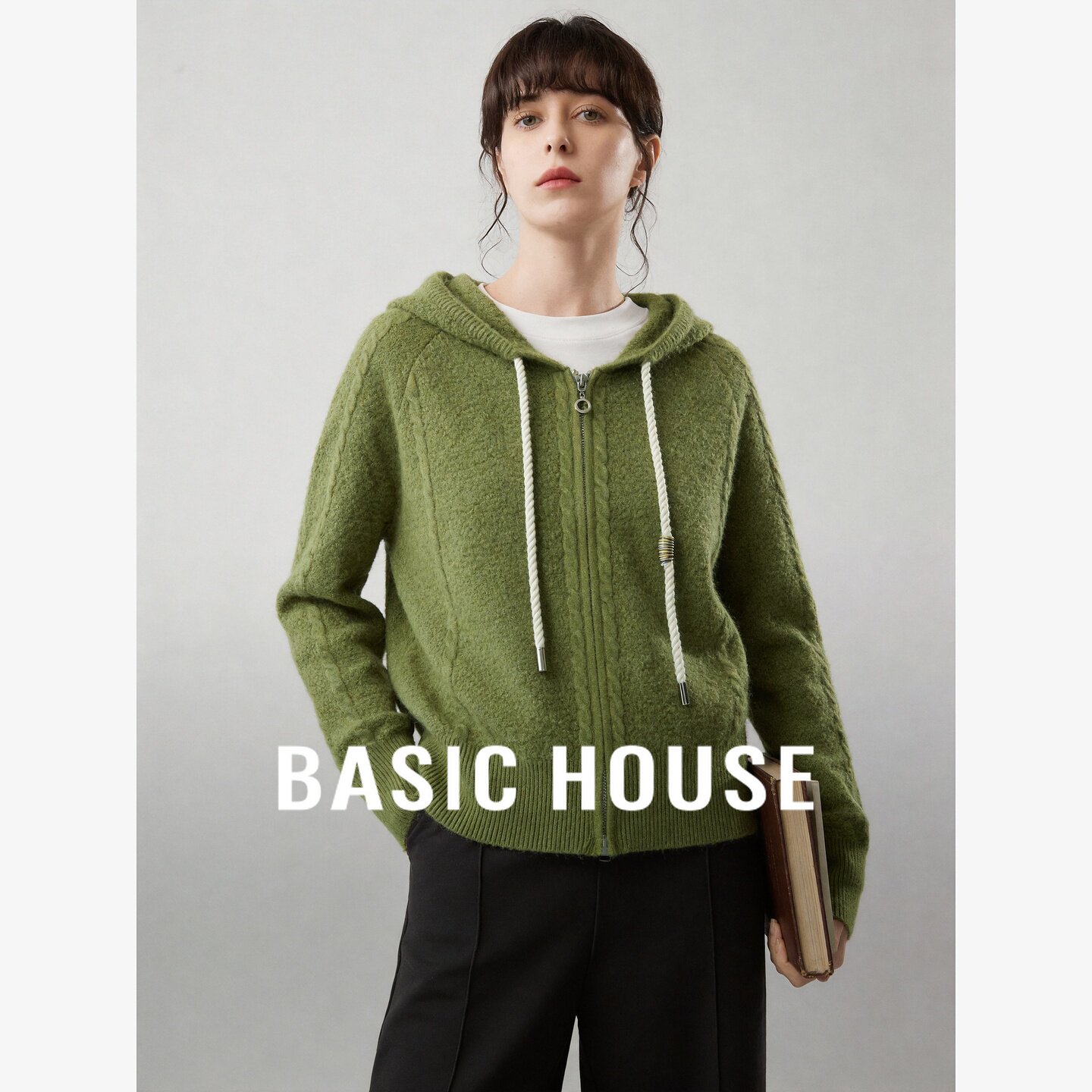 Basic House/百家好复古连帽拉链针织开衫女宽松百搭显瘦毛衣外套