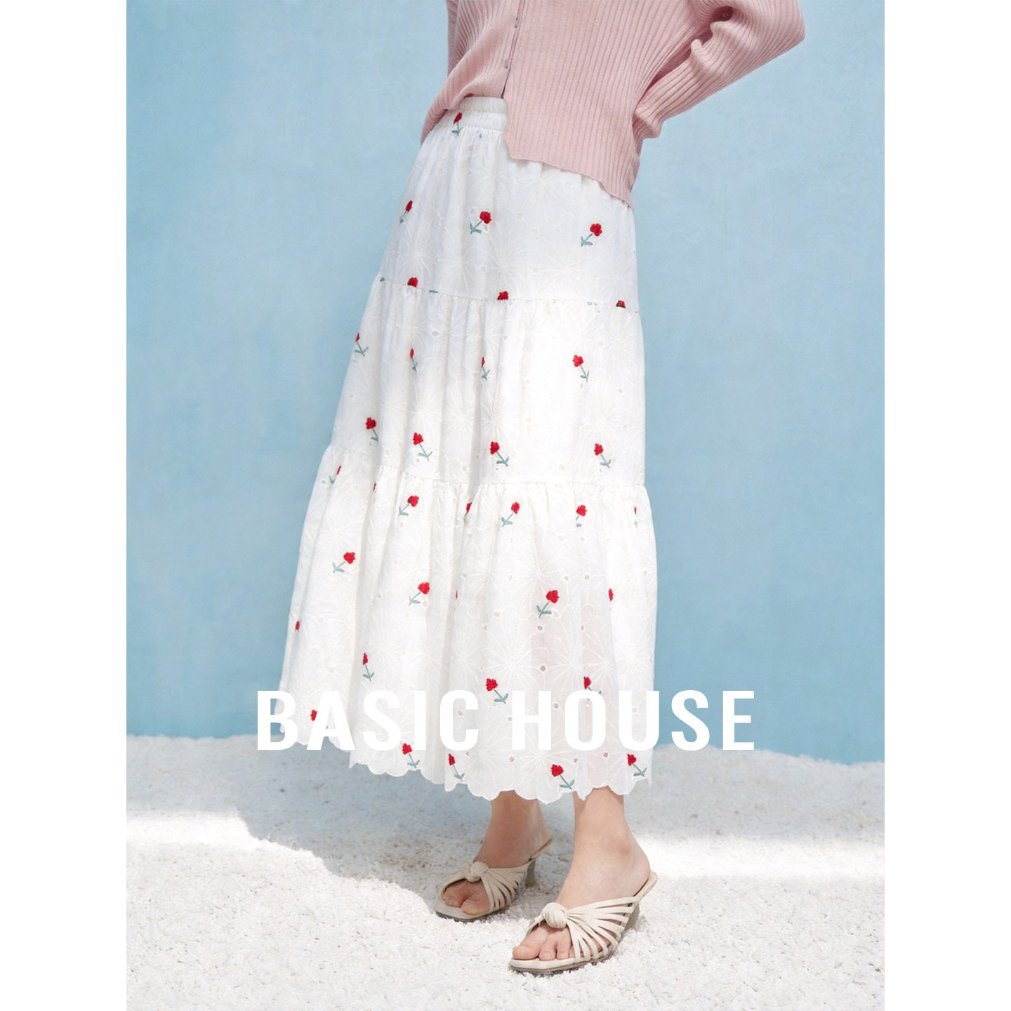 Basic House/百家好撞色花朵A字中长款半身裙2026夏季花边裙子女
