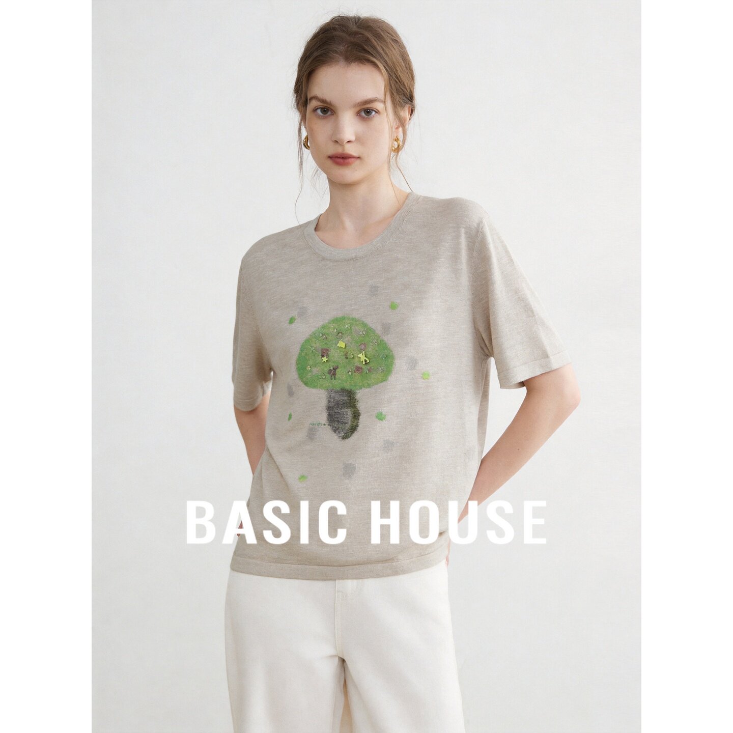 Basic House/百家好原麻色圆领短袖针织衫女夏季亲肤透气宽松上衣
