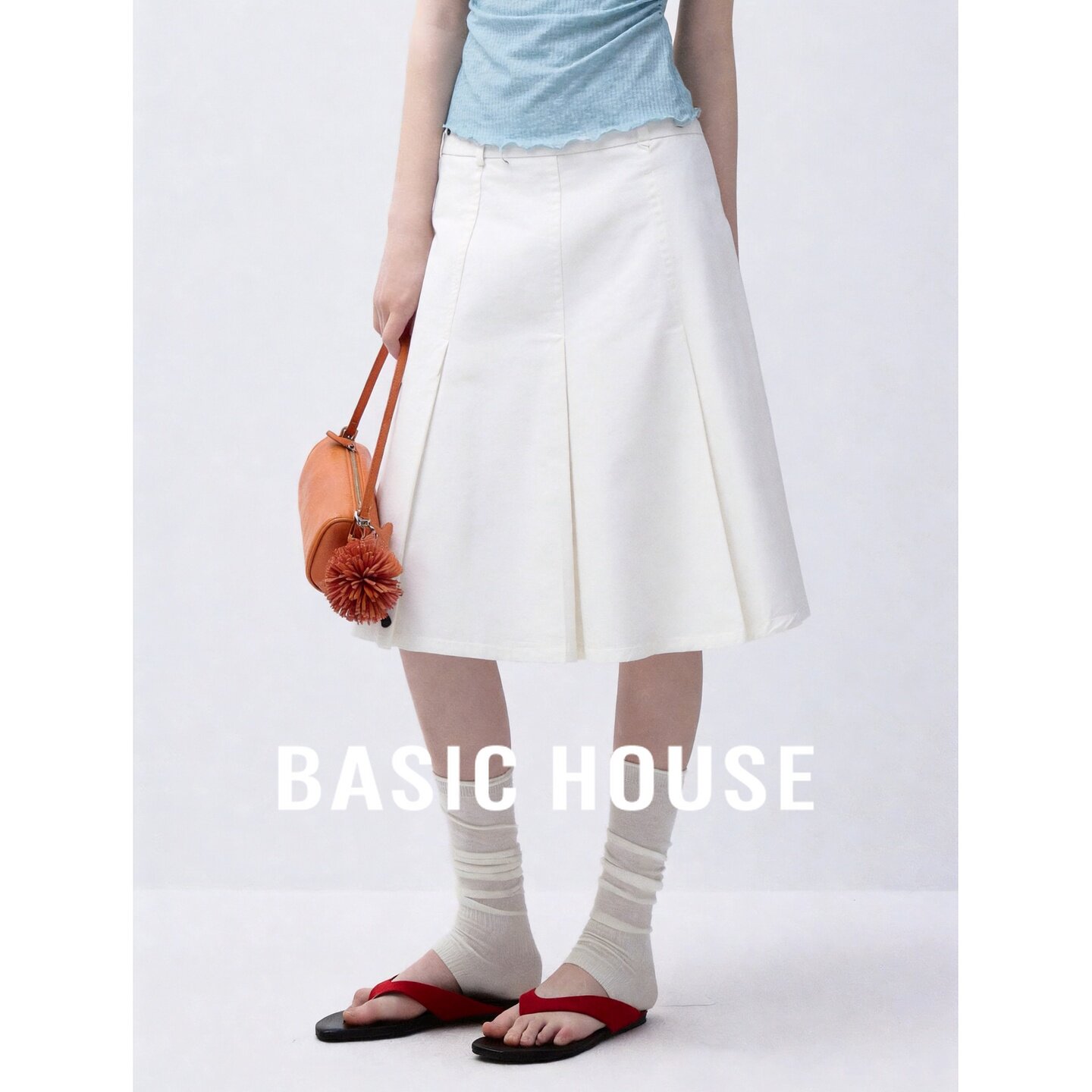 Basic House/百家好简约白色A字半身裙女高腰百搭中长款纯棉半裙