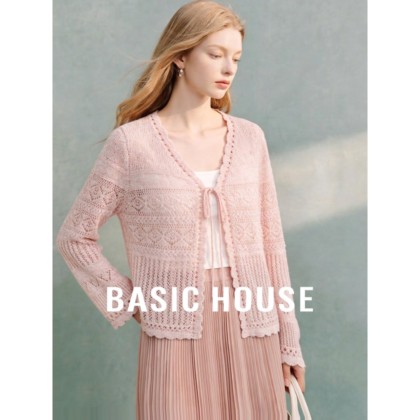 Basic House/百家好温柔风粉色系带镂空针织开衫女轻薄好看上衣
