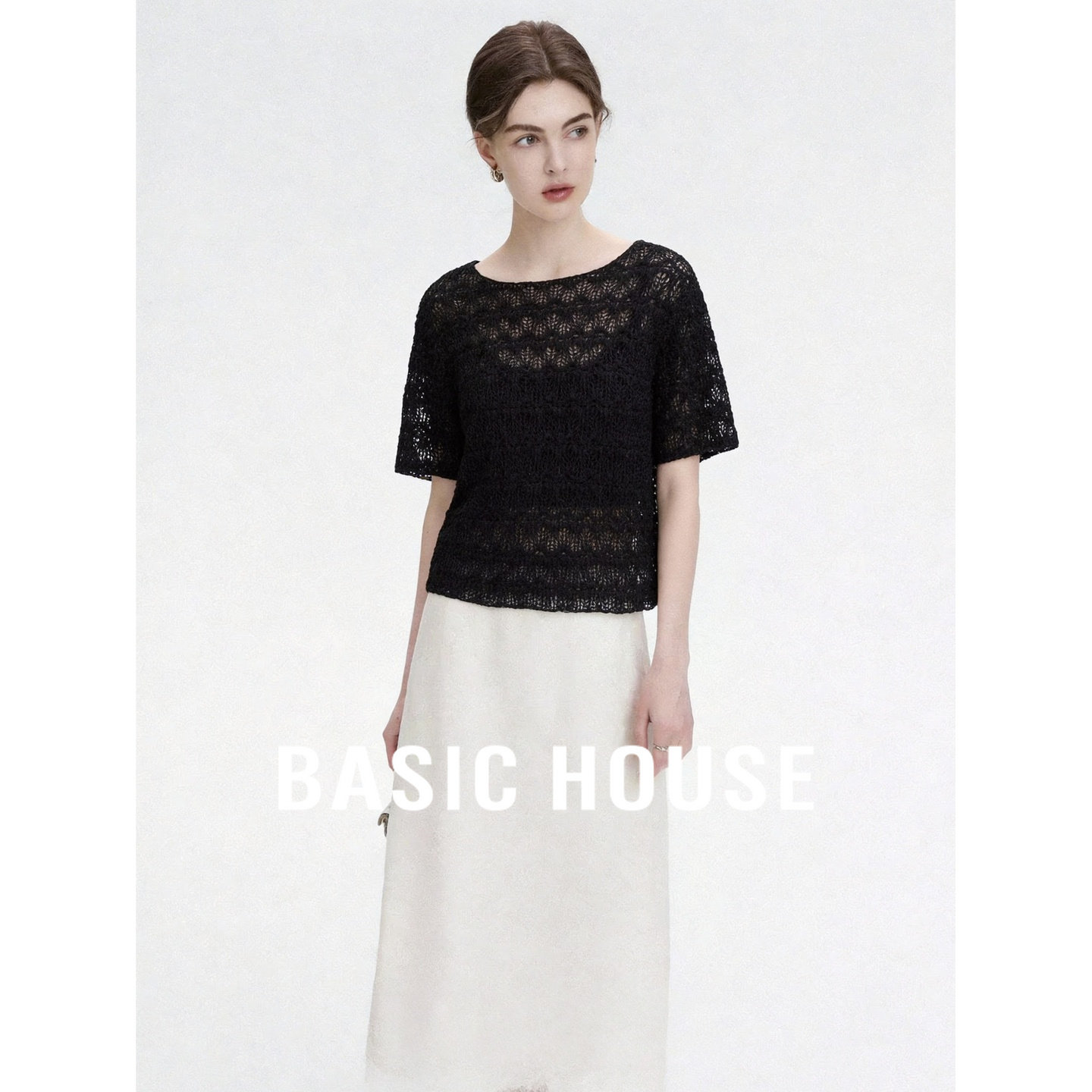 Basic House/百家好镂空蕾丝短袖针织衫女夏季设计感叠穿短款上衣