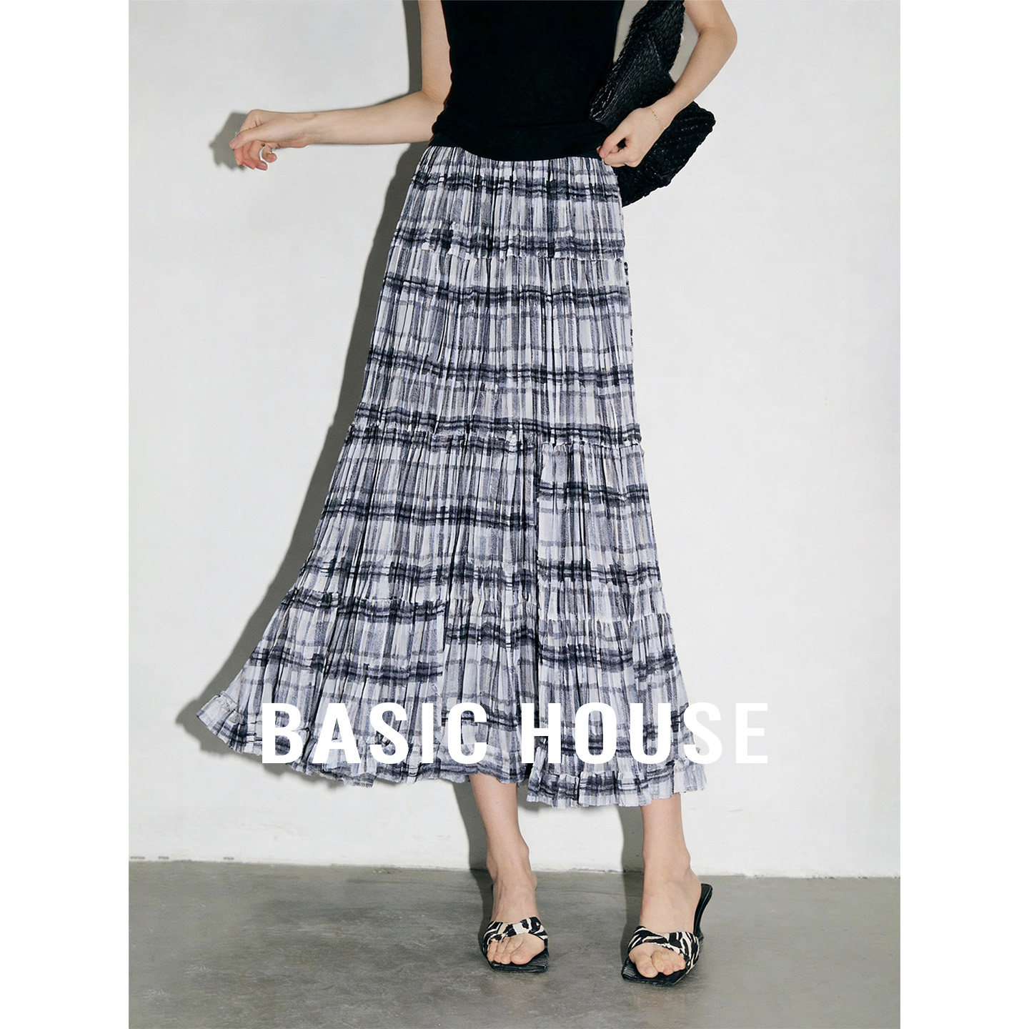Basic House/百家好蓝色撞色设计感半身裙女夏季新款有内衬中长裙