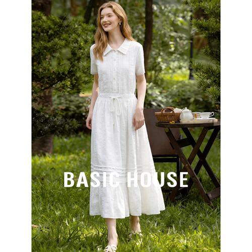 Basic House百家好法式白色连衣裙女夏季纯棉衬衫领收腰显瘦长裙
