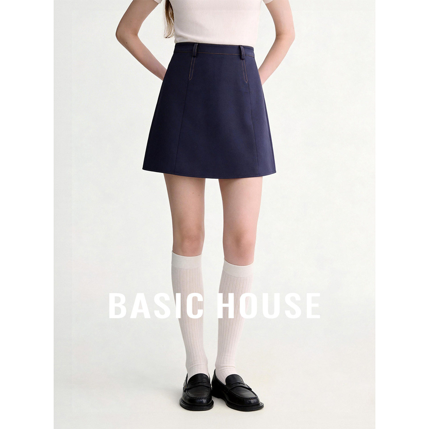 Basic House/百家好藏青色高腰A字短裙女通勤百搭显瘦西装半身裙