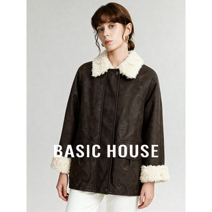 Basic House/百家好翻领毛毛领pu皮加厚短外套女冬深咖色保暖上衣