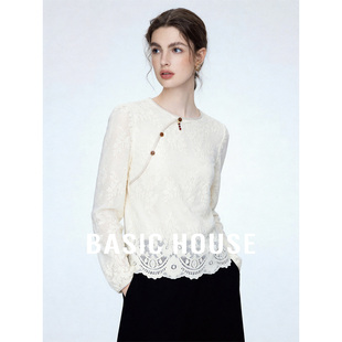 Basic House/百家好新中式斜襟衬衫2026春季国风圆领钩花长袖小衫