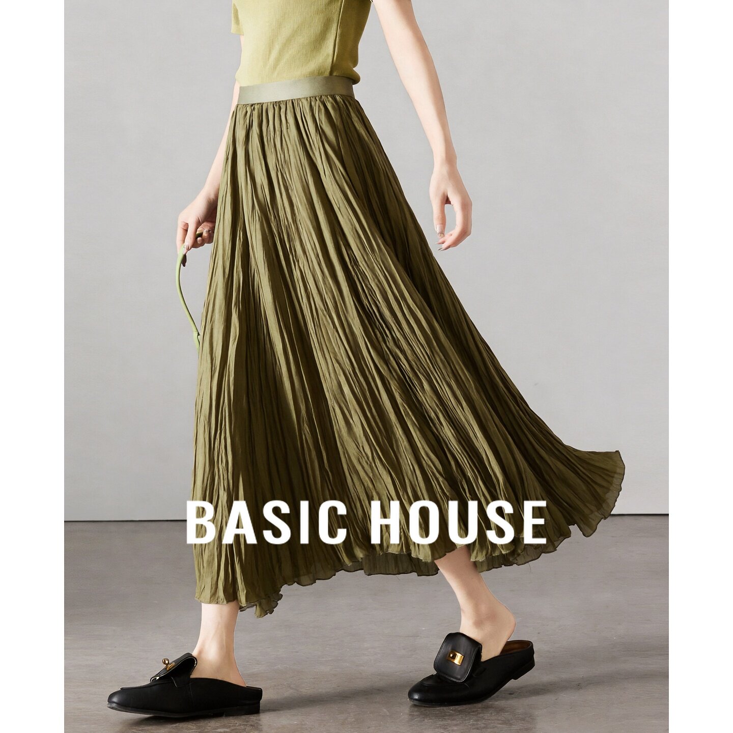 Basic House/百家好2026秋季绿色垂感褶皱优雅日常新款百褶半身裙