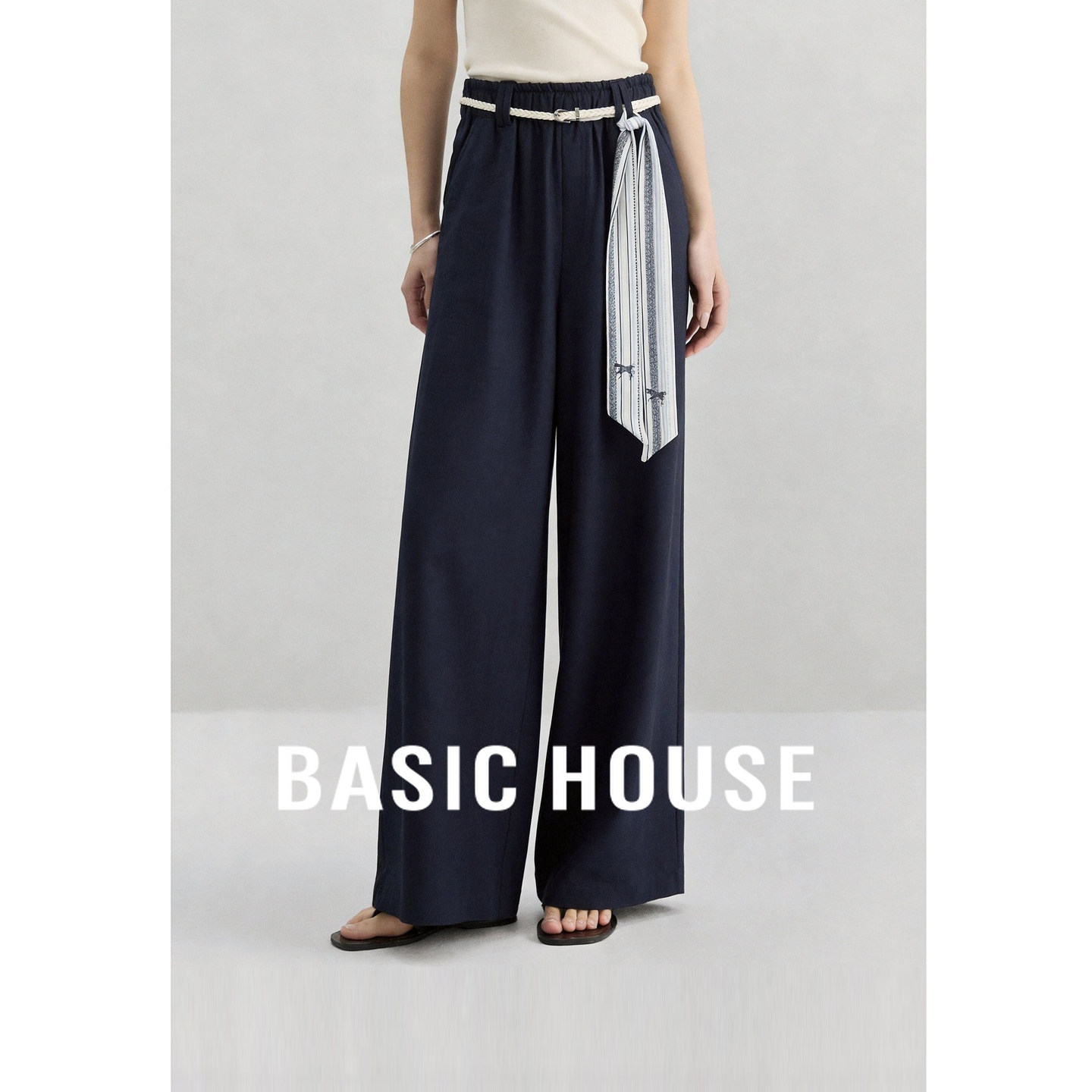 Basic House/百家好蓝色高腰绑带设计感阔腿裤时尚宽松显瘦休闲裤