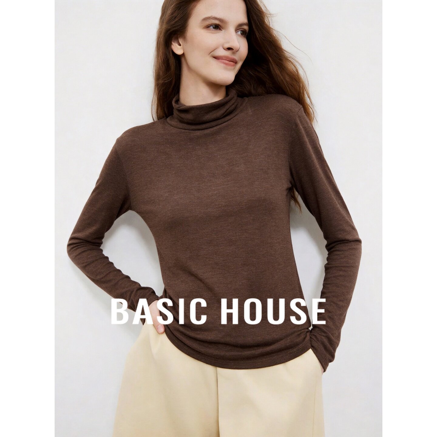 Basic House/百家好美拉德色系高领长袖T恤女显瘦修身打底衫上衣