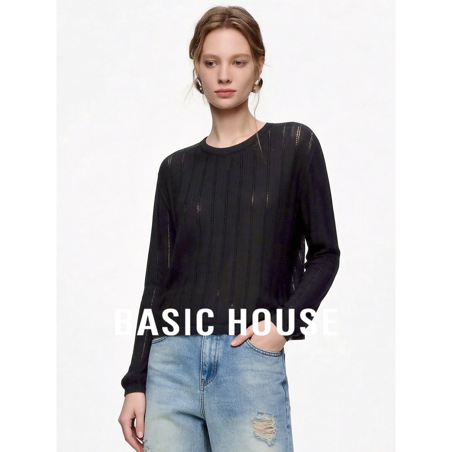 Basic House/百家好黑色圆领长袖针织衫宽松套头女秋透气简约百搭