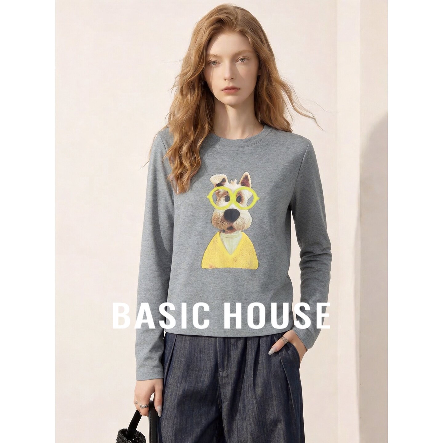 Basic House/百家好2026秋季灰色圆领卡通动物印花长袖女日常T恤