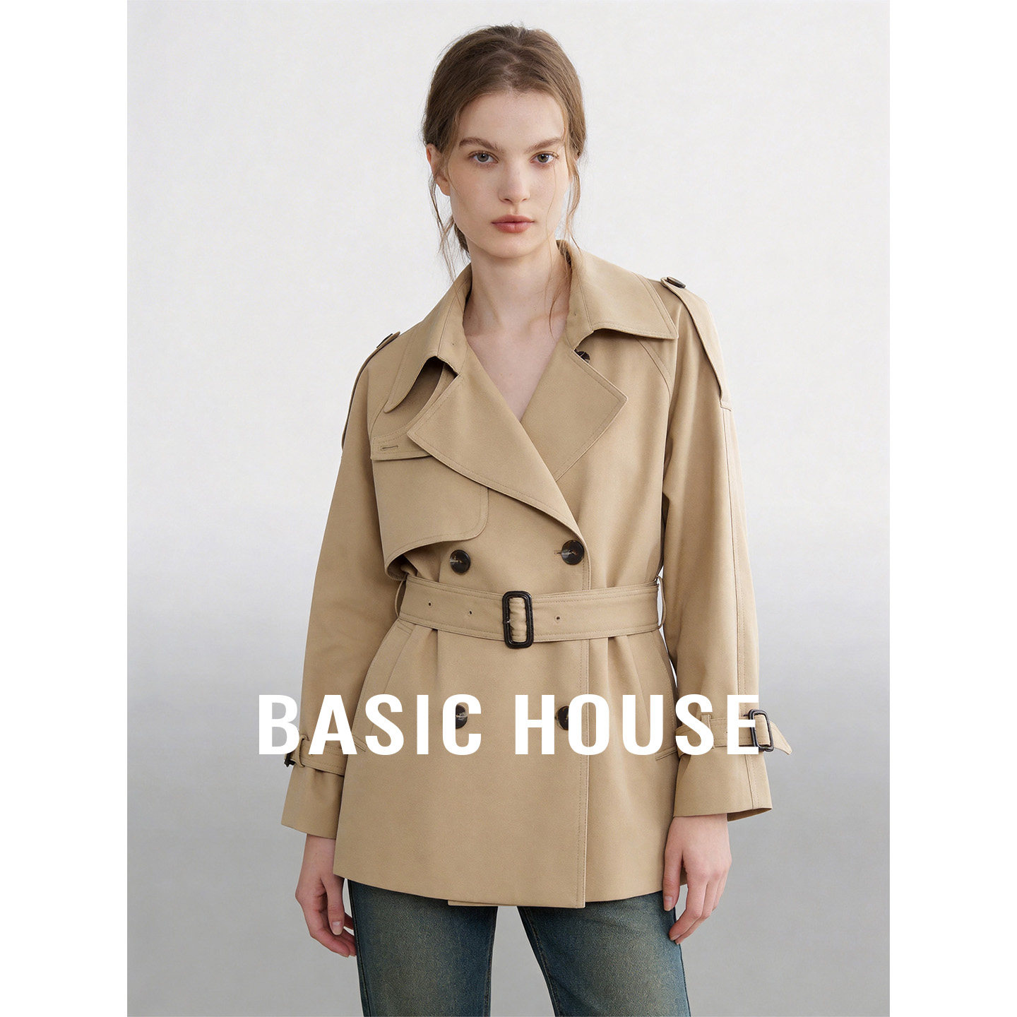 Basic House/百家好卡其翻领风衣外套女夏季新款舒适百搭短款上衣