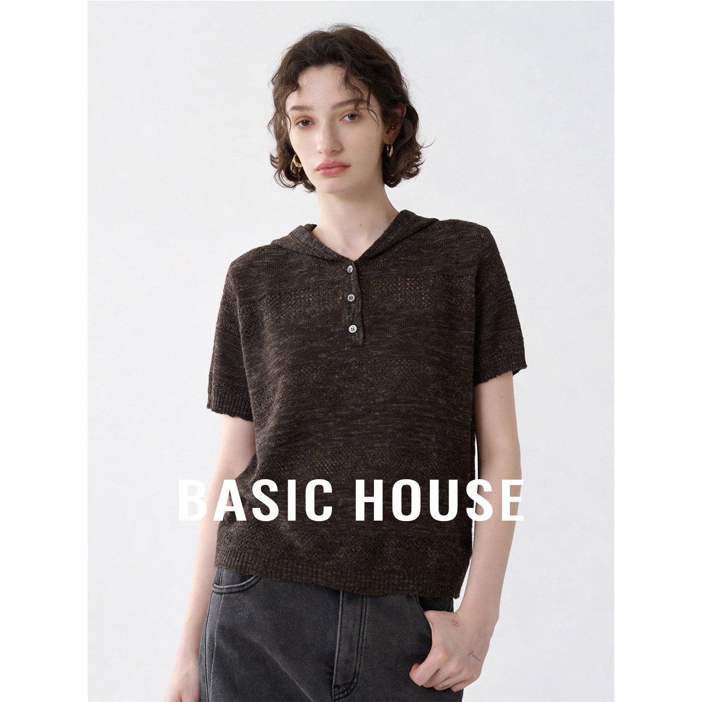 Basic House/百家好连帽肌理感短袖针织衫女夏季宽松显瘦短款上衣