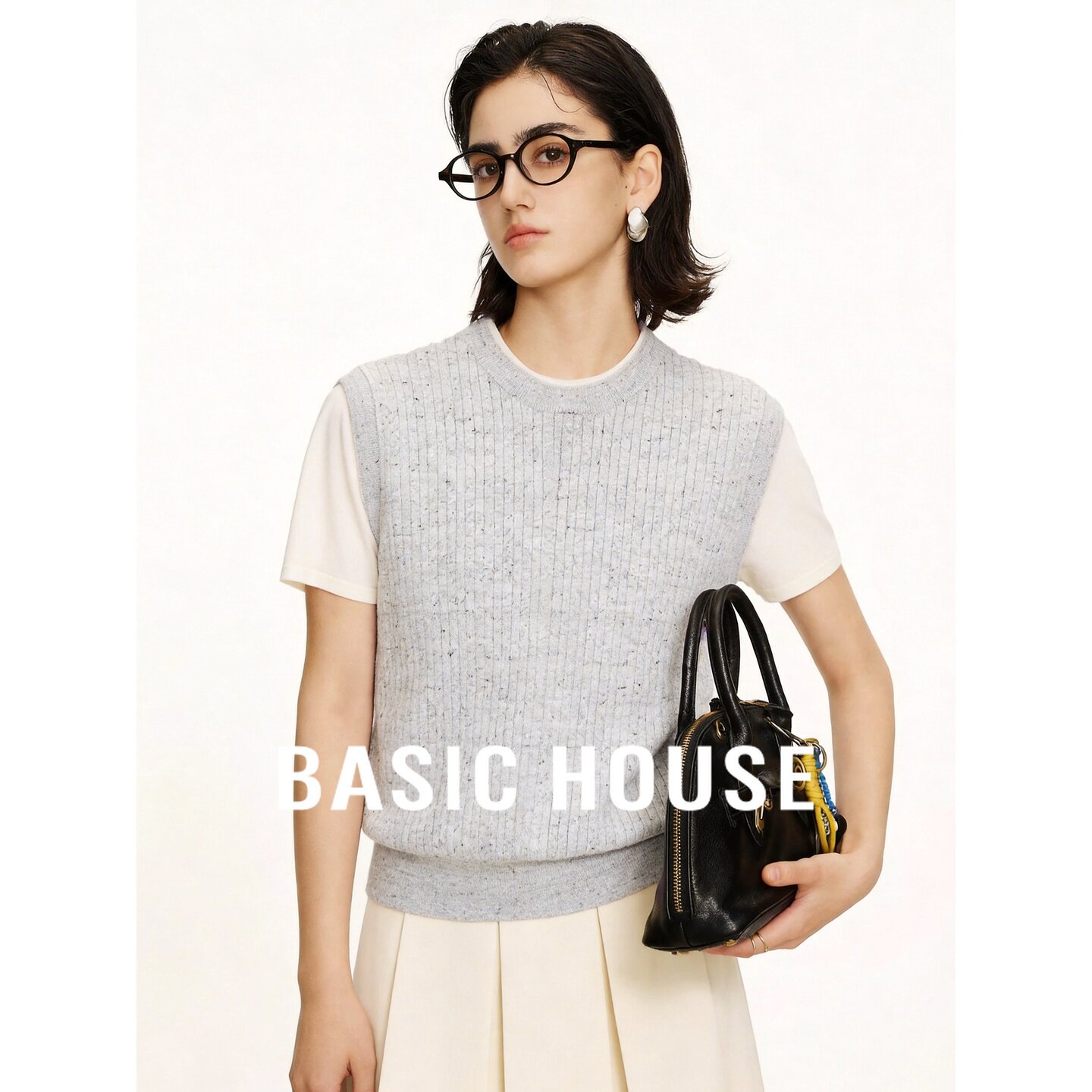 Basic House/百家好灰色羊毛针织拼接短袖圆领上衣极简韩版女秋季