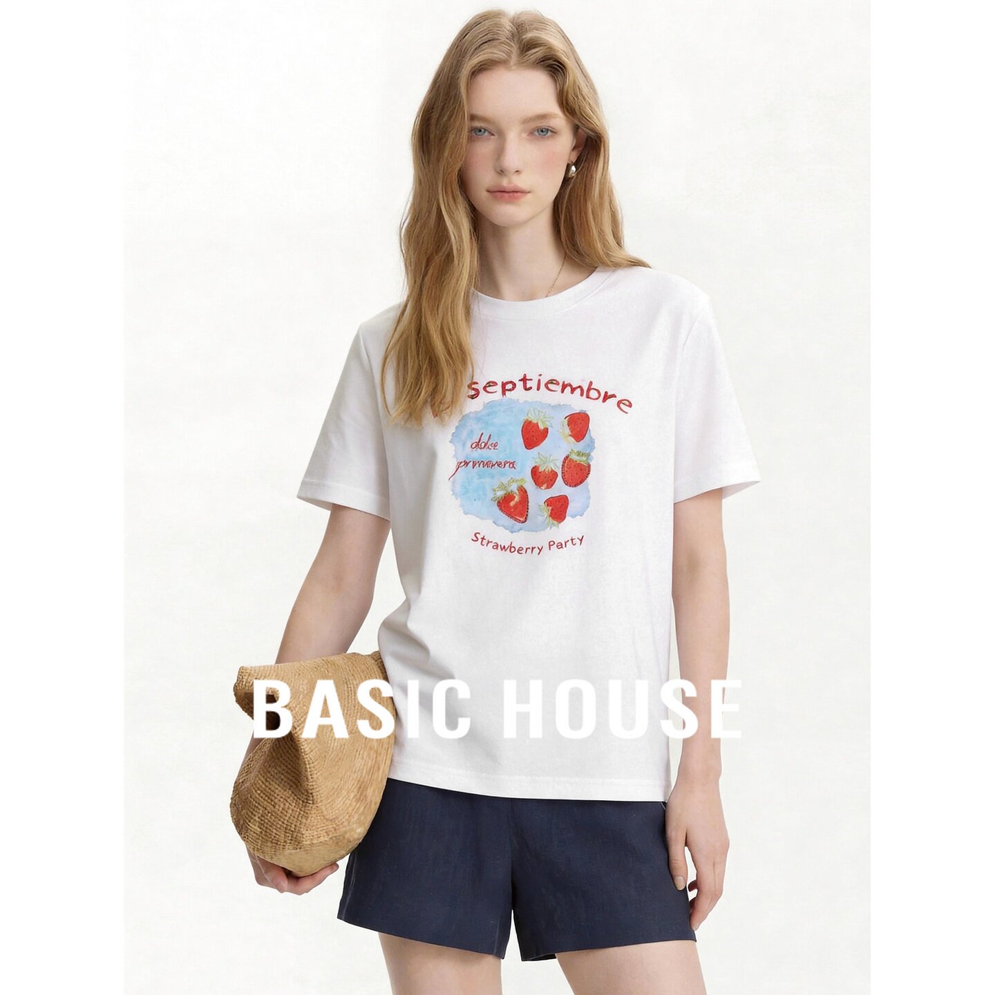 Basic House/百家好草莓印花短袖T恤女夏季白色减龄休闲百搭上衣
