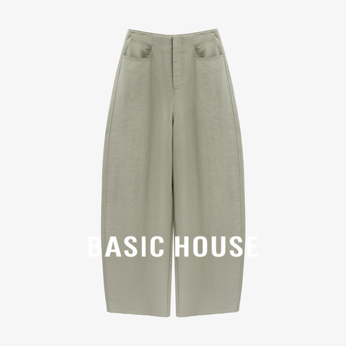 Basic House/百家好极简干爽亚麻纯色高腰镰刀裤女弧形轻薄休闲裤