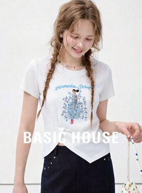 Basic House/百家好棉质刺绣印花圆领短袖T恤女夏修身上衣薄款
