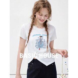 Basic House/百家好棉质刺绣印花圆领短袖T恤女夏修身上衣薄款
