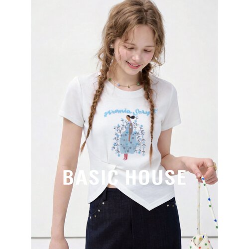 Basic House/百家好棉质刺绣印花圆领短袖T恤女夏修身上衣薄款