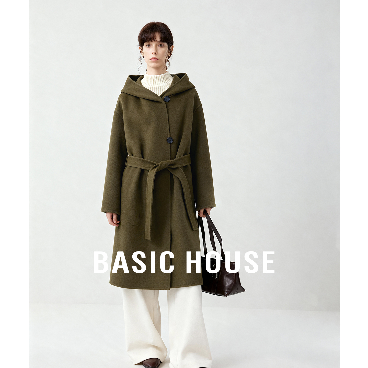 Basic House/百家好军绿色连帽系带毛呢外套绵羊毛长款双面呢大衣