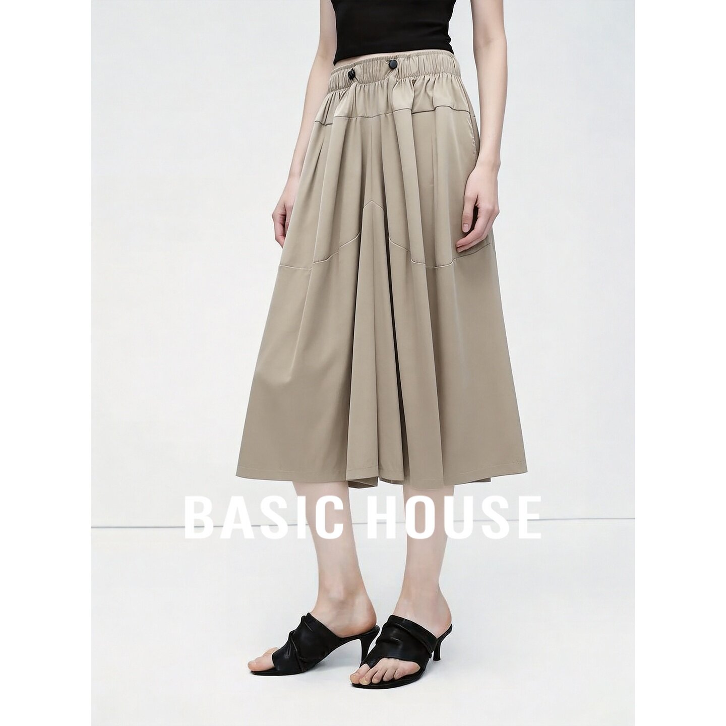 Basic House/百家好设计感抽绳松紧腰A字阔腿裤女九分休闲裤显瘦