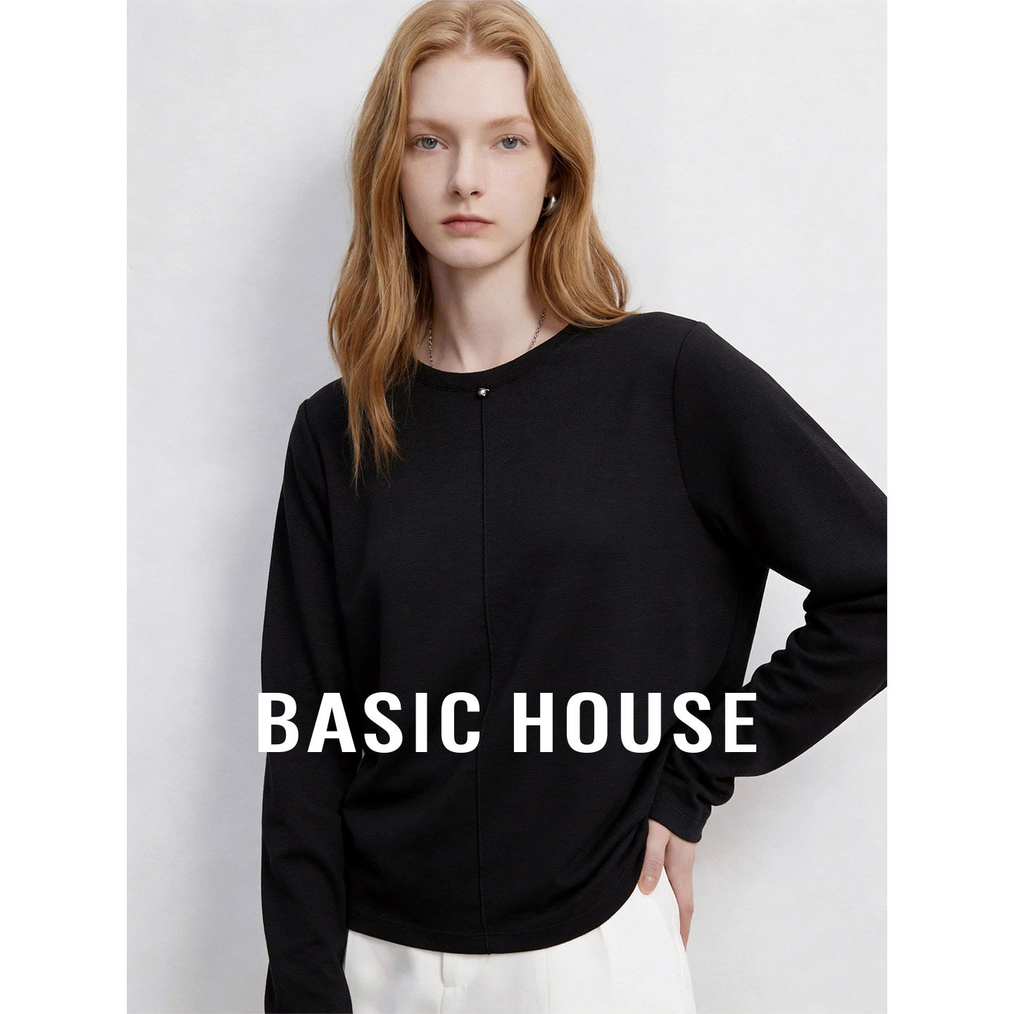 Basic House/百家好圆领长袖针织衫女新款垂感内搭上衣显瘦打底衫