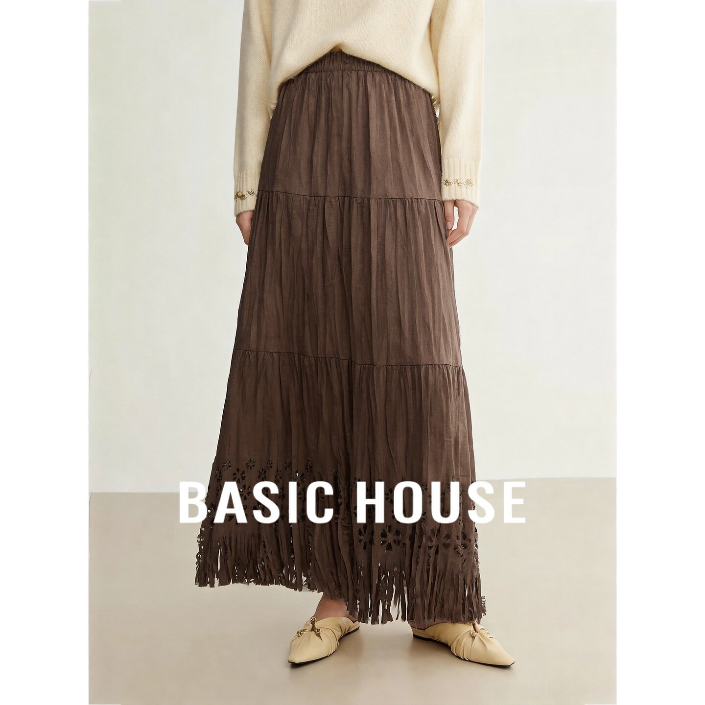 Basic House/百家好复古流苏半身裙女长裙褶皱裙摆文艺风A字裙