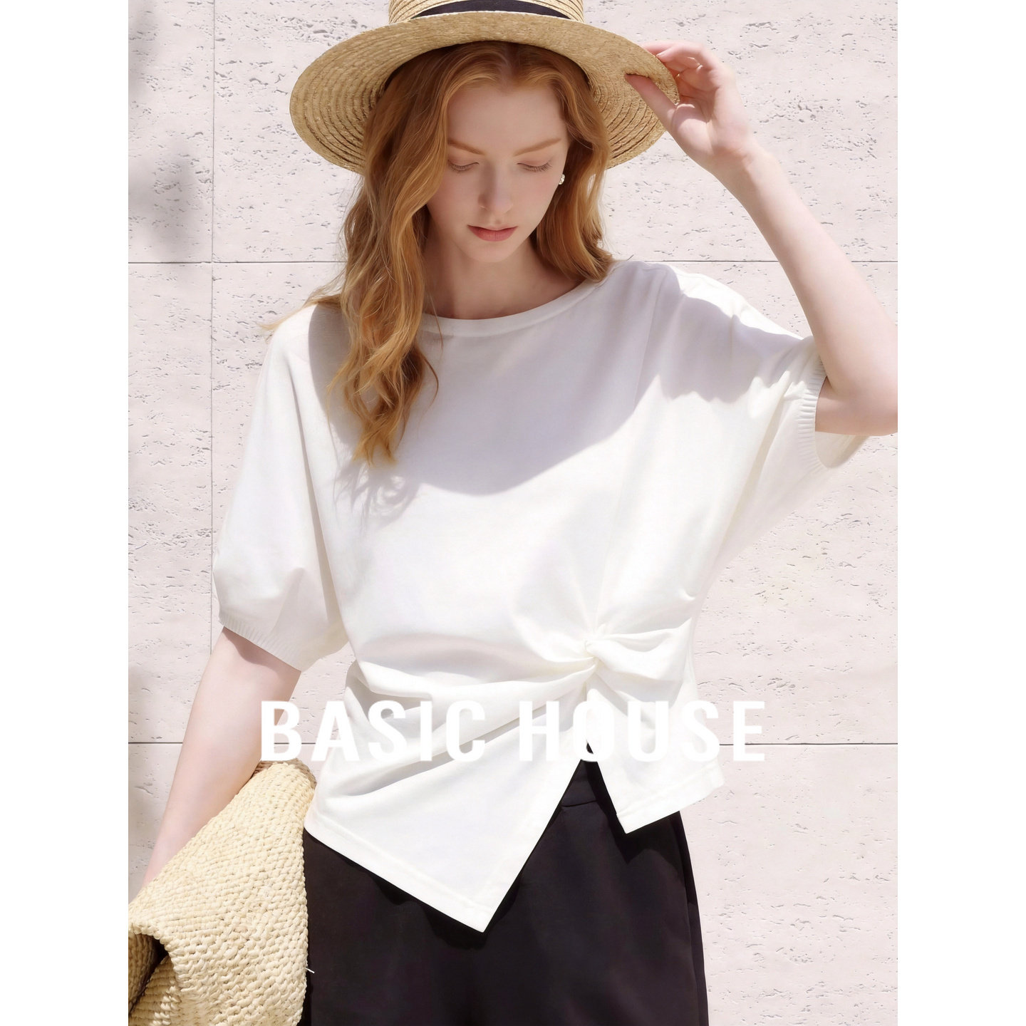Basic House/百家好轻熟简约风白色扭结T恤女夏纯棉收腰显瘦上衣
