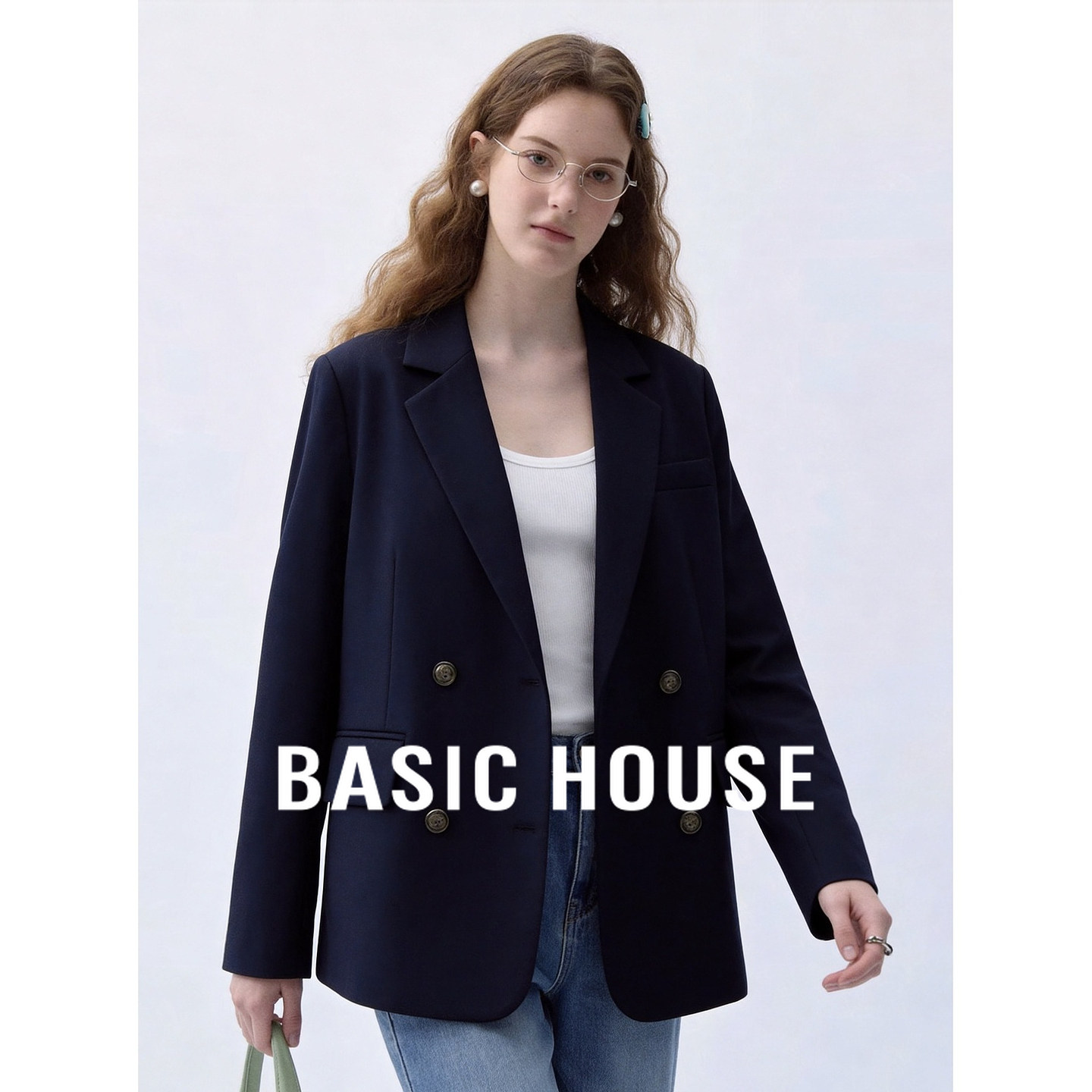 Basic House/百家好休闲西装外套女双排扣短款气质百搭极简风上衣