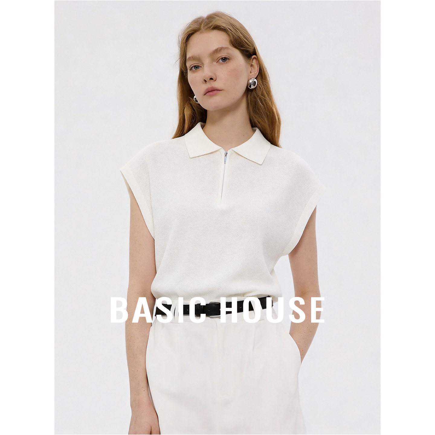 Basic House/百家好白色半拉链夏季新款修身显瘦气质短袖针织衫女