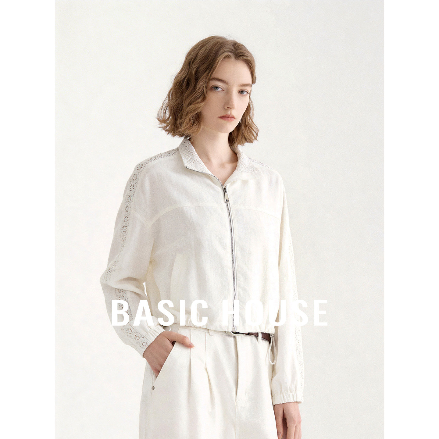 Basic House/百家好立领拉链外套女夏季镂空透气宽松休闲短款夹克