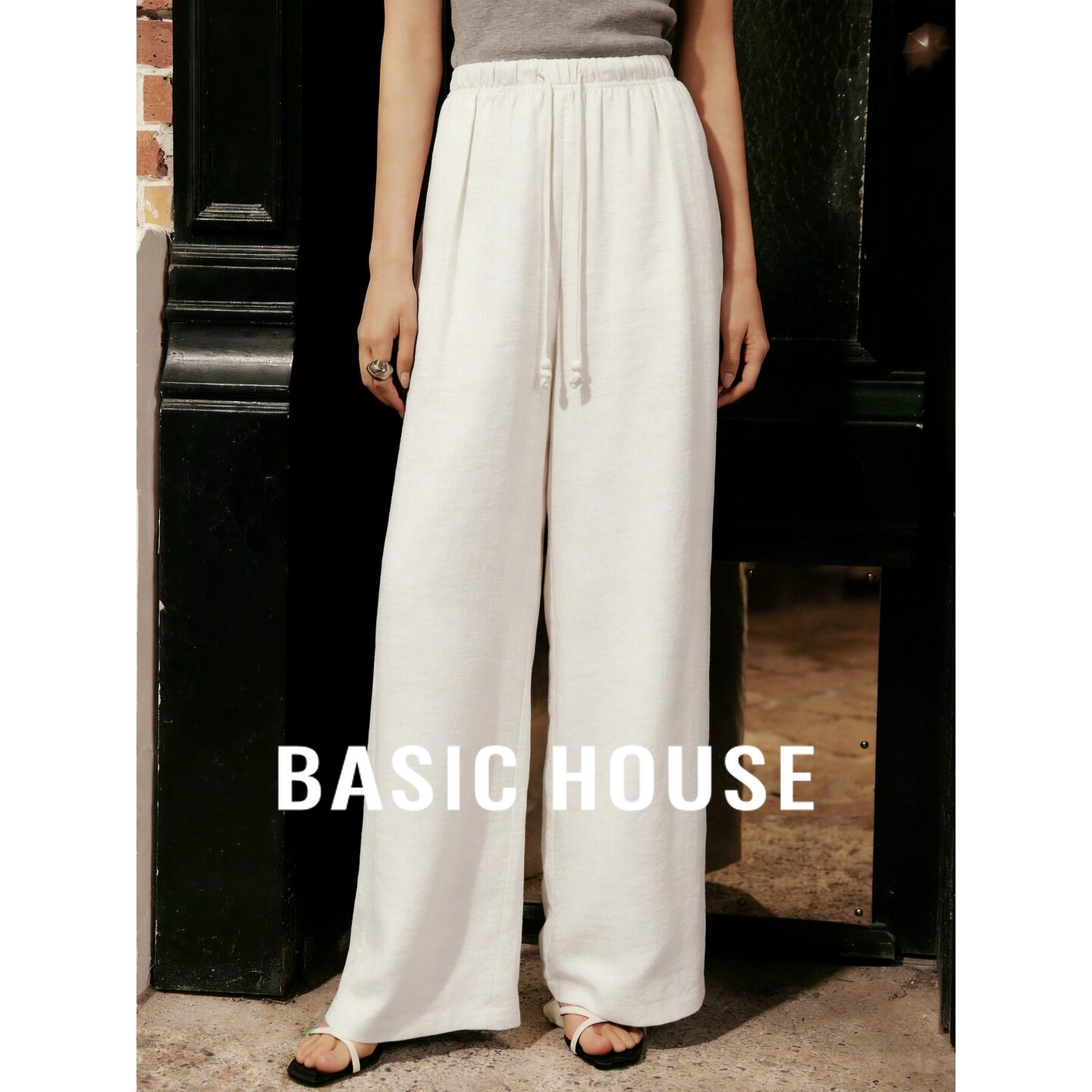Basic House/百家好休闲风抽绳阔腿裤女奶杏色垂坠感显瘦长裤