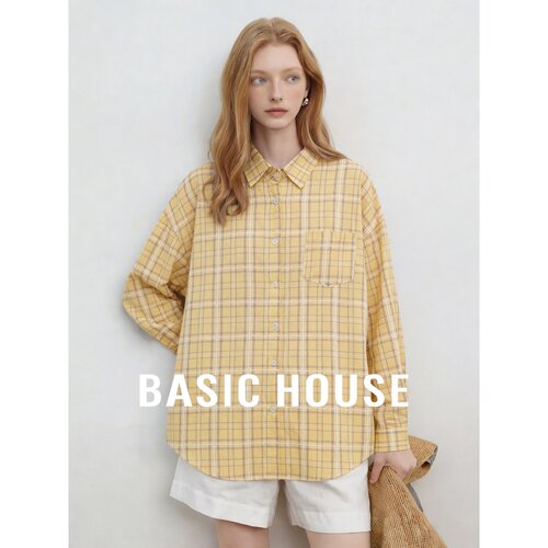 Basic House/百家好复古格子衬衫女宽松百搭休闲纯棉黄色格纹上衣