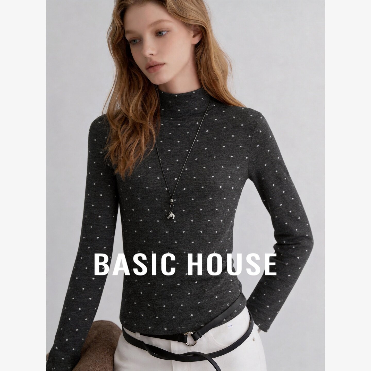 Basic House/百家好波点半高领长袖t恤女修身内搭打底衫气质上衣