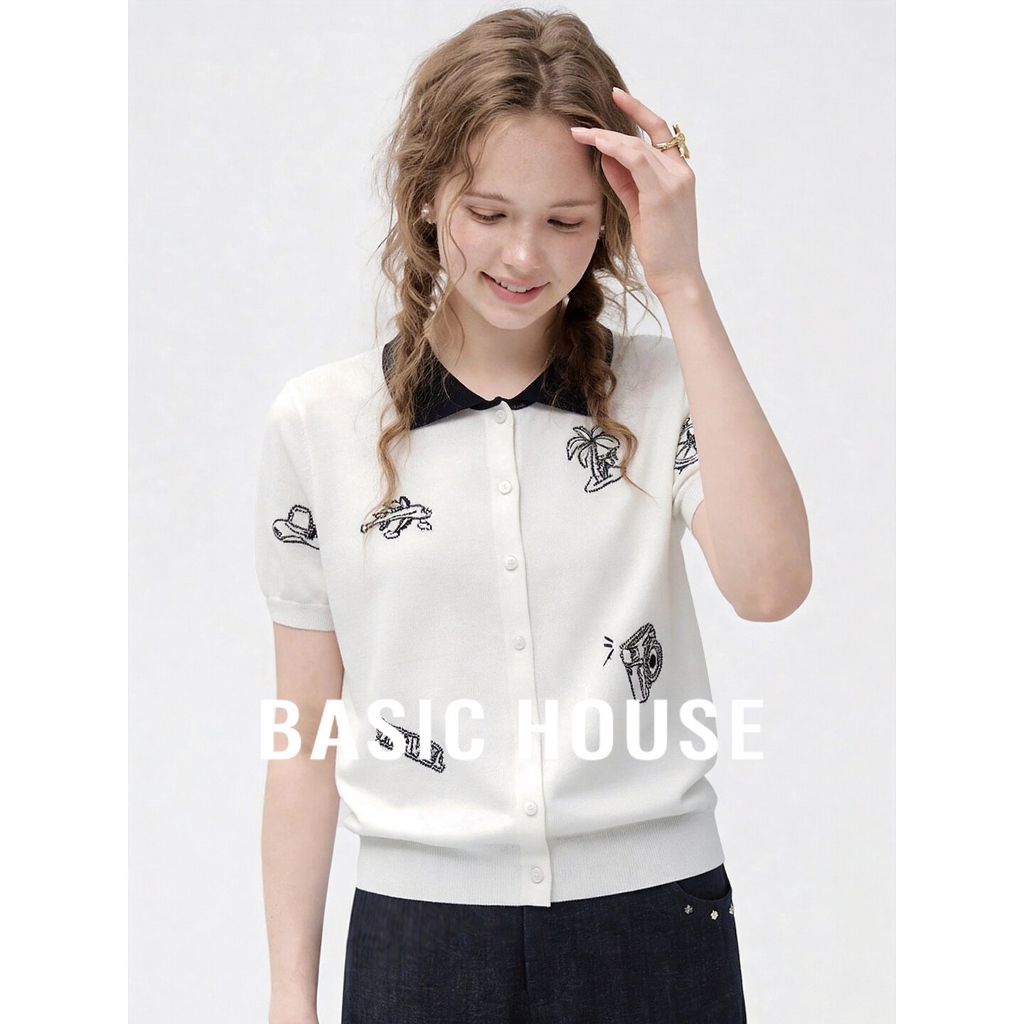 Basic House/百家好撞色POLO领短袖白色宽松百搭休闲针织开衫女夏