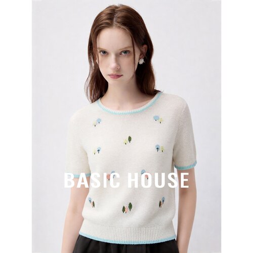 Basic House/百家好撞色边短袖针织衫女刺绣设计感百搭圆领上衣
