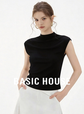 Basic House/百家好桑蚕丝纯色半高领无袖T恤女2026夏季短款上衣