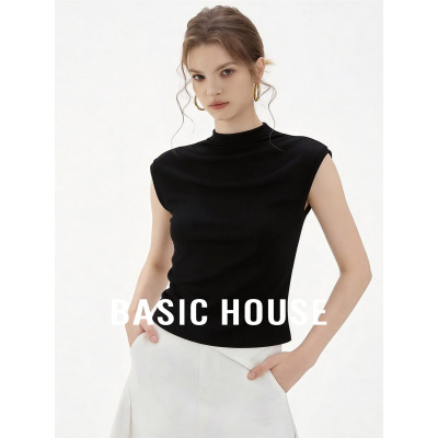 Basic House/百家好桑蚕丝纯色半高领无袖T恤女2026夏季短款上衣