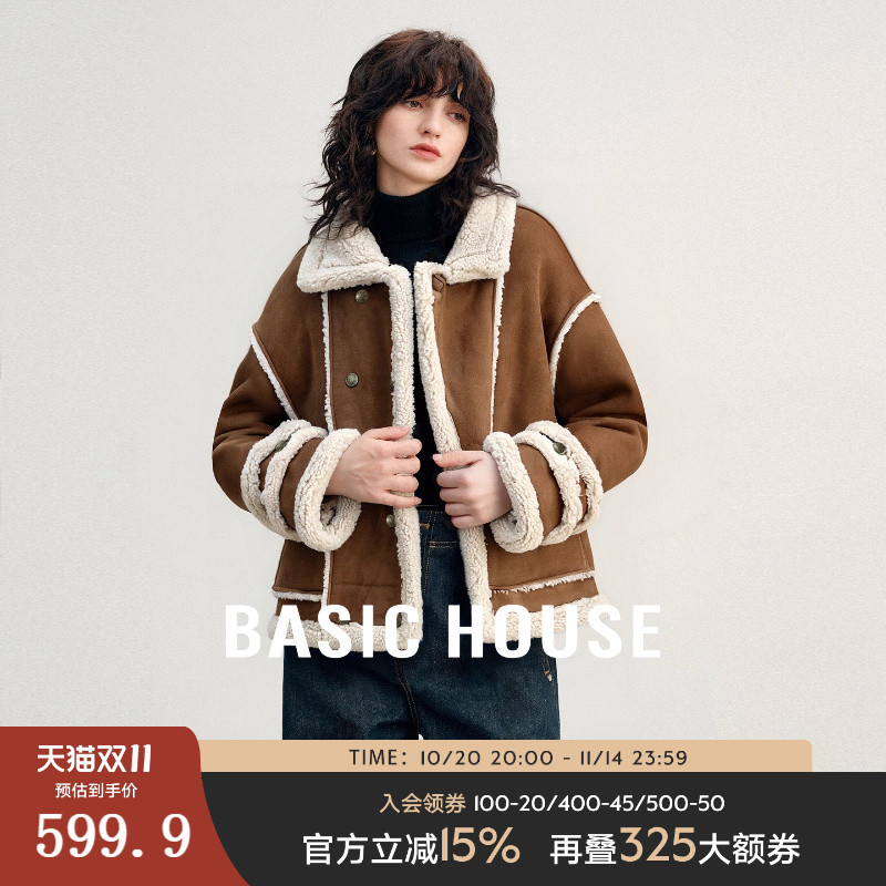 Basic House/百家好复古拼接柔软人造毛皮外套时尚百搭短款上衣女