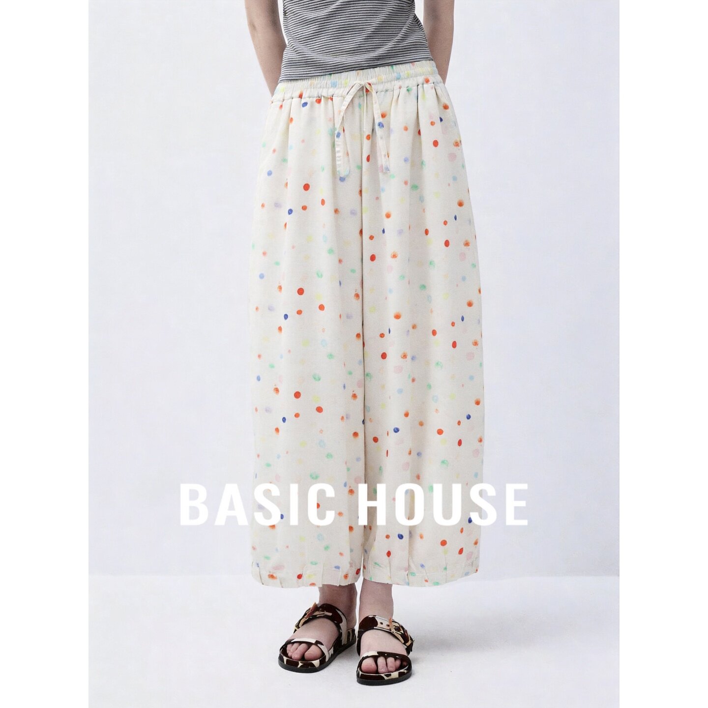 Basic House/百家好彩色波点休闲裤女夏薄款撞色九分阔腿裤慵懒风