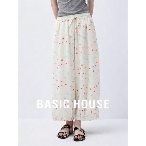 Basic House/百家好彩色波点休闲裤女夏薄款撞色九分阔腿裤慵懒风