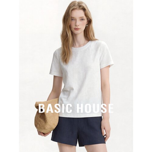Basic House/百家好老钱风白色圆领短袖T恤女夏季莱赛尔修身上衣
