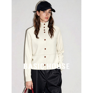 百家好秋冬立领米色简约宽松单排扣毛衣开衫女26短款保暖开衫上衣