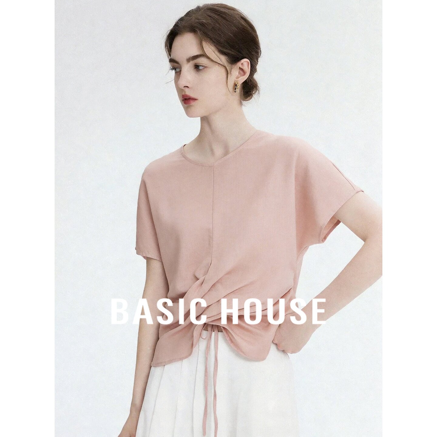Basic House/百家好粉色莱赛尔苎麻圆领短袖衬衫女夏宽松系带上衣
