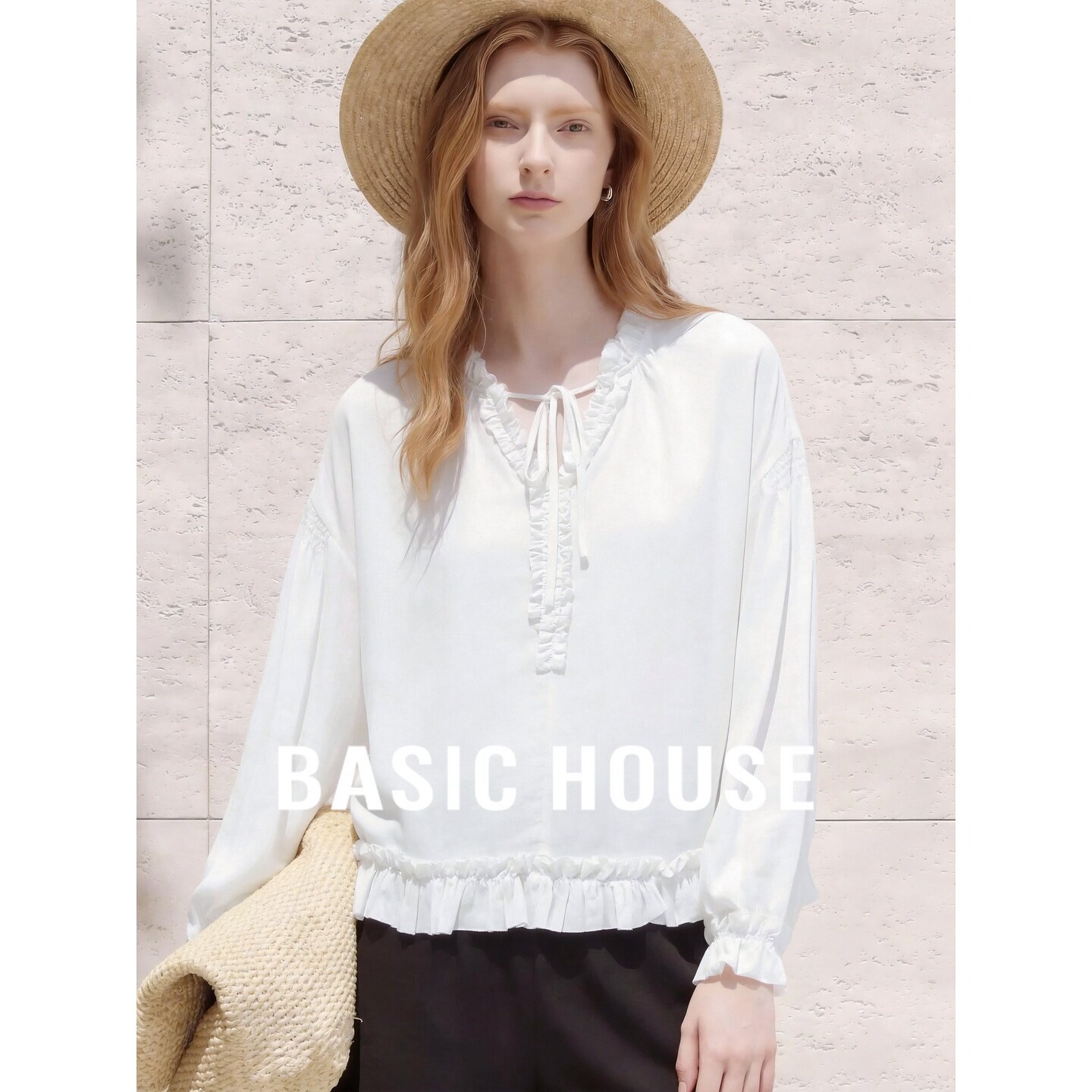 Basic House/百家好木耳边系带纯棉长袖衬衫女白色氛围感百搭上衣