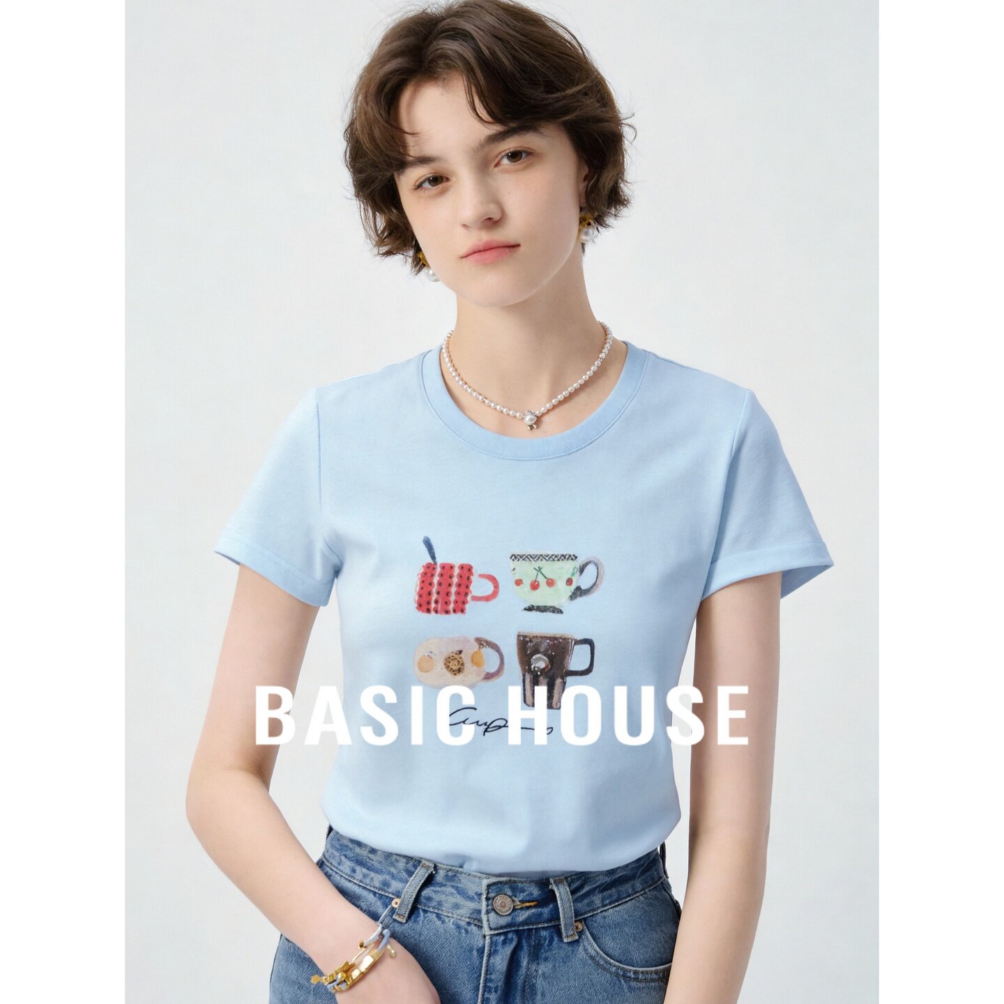 Basic House/百家好蓝色手绘休闲风短袖时尚百搭宽松圆领T恤夏季