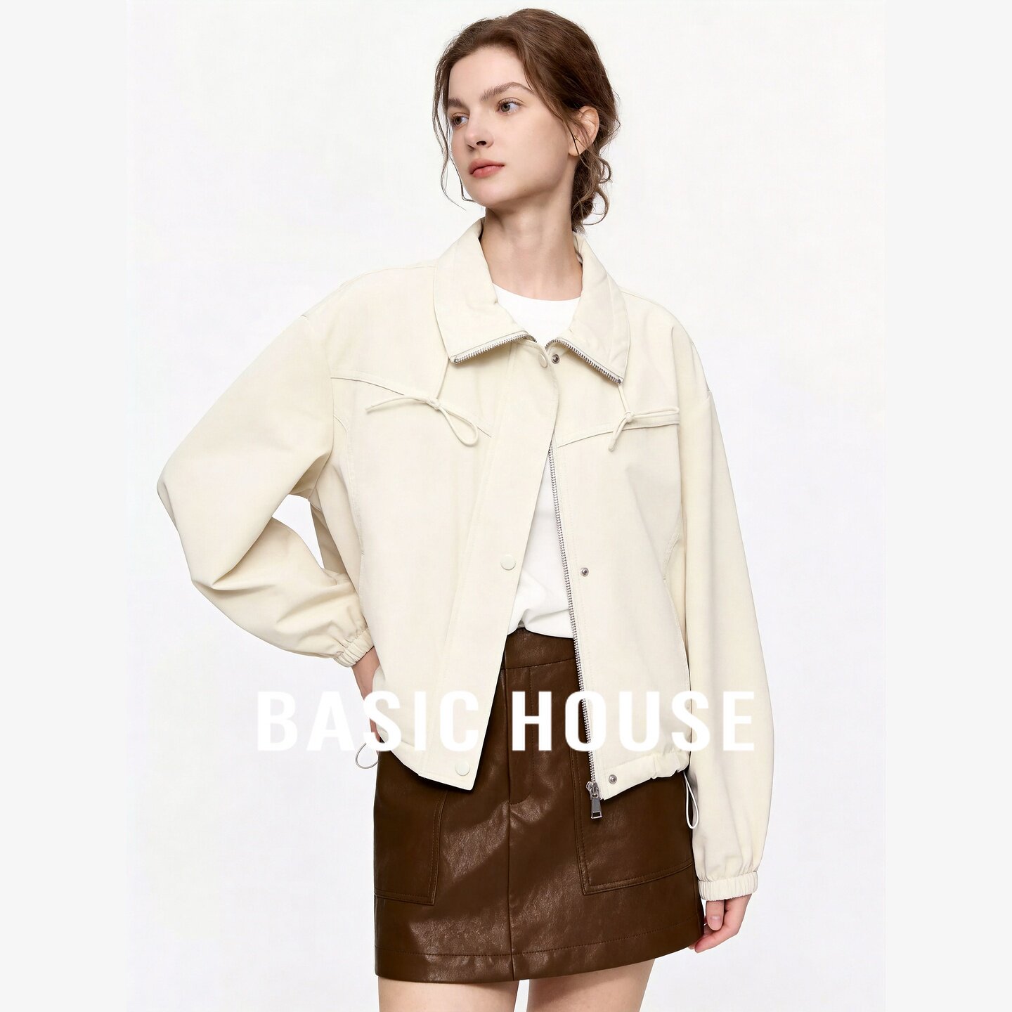 Basic House/百家好翻领工装系带短外套女装宽松抽绳收腰夹克上衣
