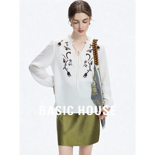 Basic House/百家好苎麻刺绣系带衬衫V领长袖宽松女法式复古白色